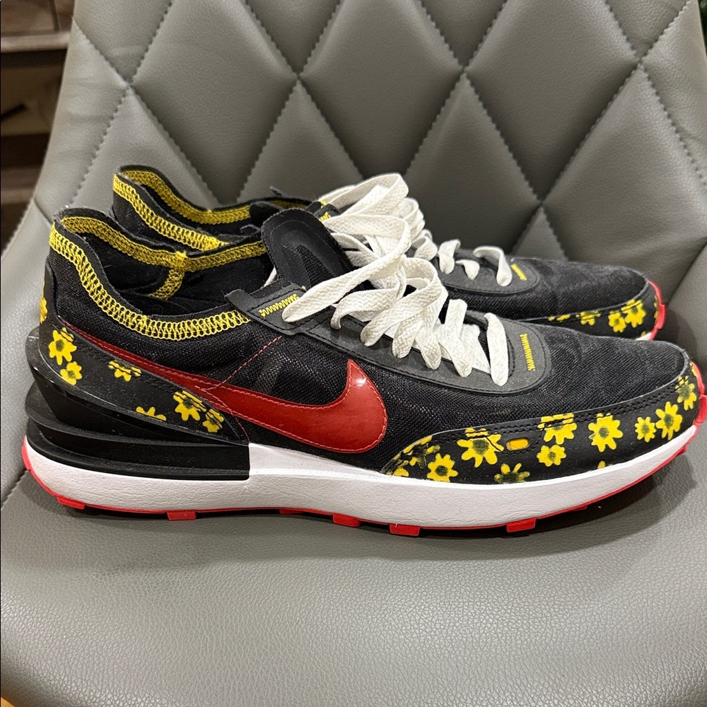 Nike Black and Red Sneakers with Yellow Floral Accents
